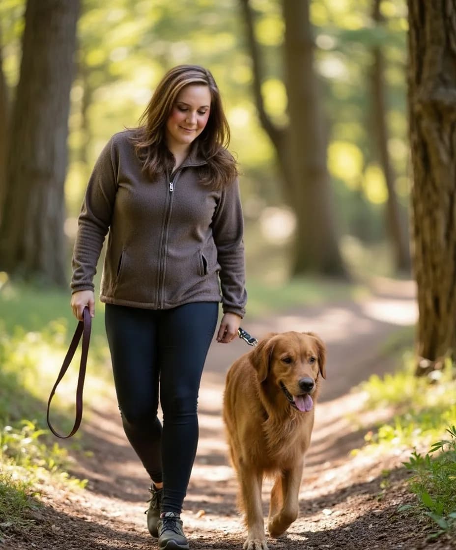Tammy walking a Golden Retriever through the Adirondack woods